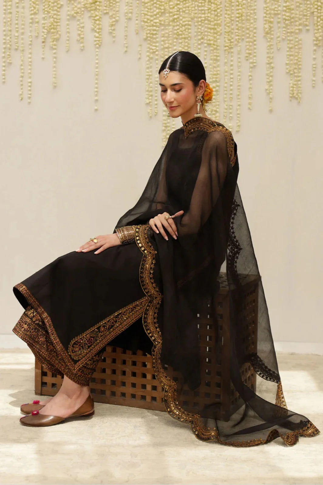 Black Elegance – Embroidered 3-Piece Chiffon Suit for Women