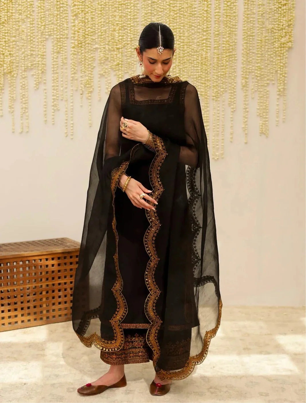 Black Elegance – Embroidered 3-Piece Chiffon Suit for Women