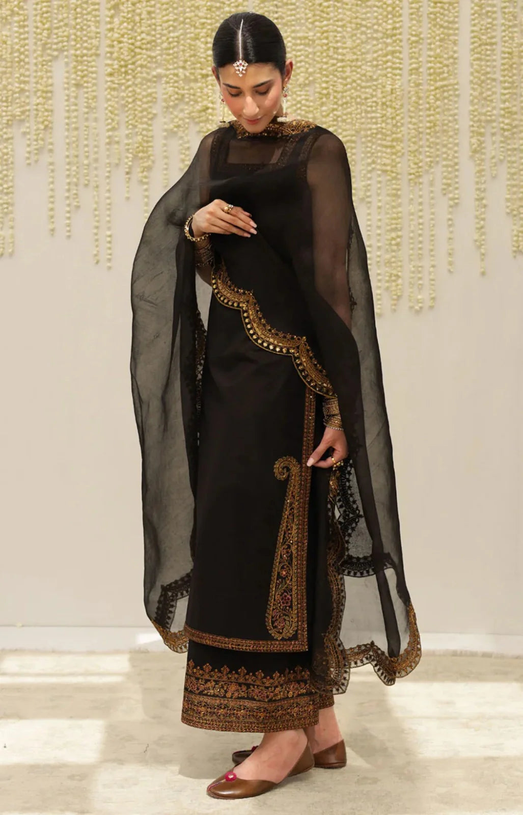 Black Elegance – Embroidered 3-Piece Chiffon Suit for Women