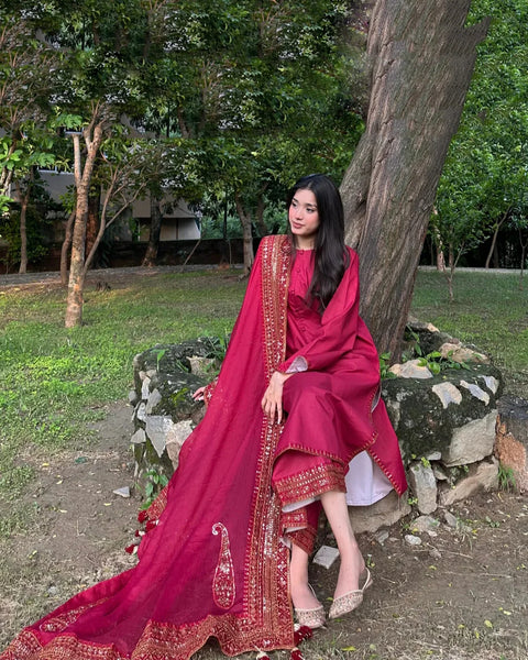 Mahroon Mystique | Embroidered Suit 2pcs Stich Suit