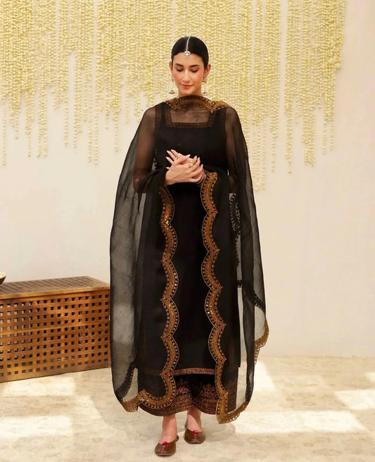 Black Elegance – Embroidered 3-Piece Chiffon Suit for Women