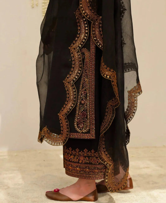 Black Elegance – Embroidered 3-Piece Chiffon Suit for Women