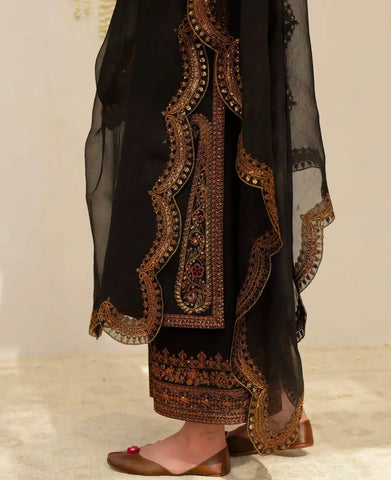 Black Elegance – Embroidered 3-Piece Chiffon Suit for Women